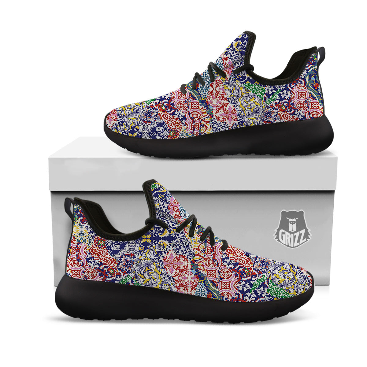Patchwork Azulejos Tiles Print Pattern Black Athletic Shoes-grizzshop
