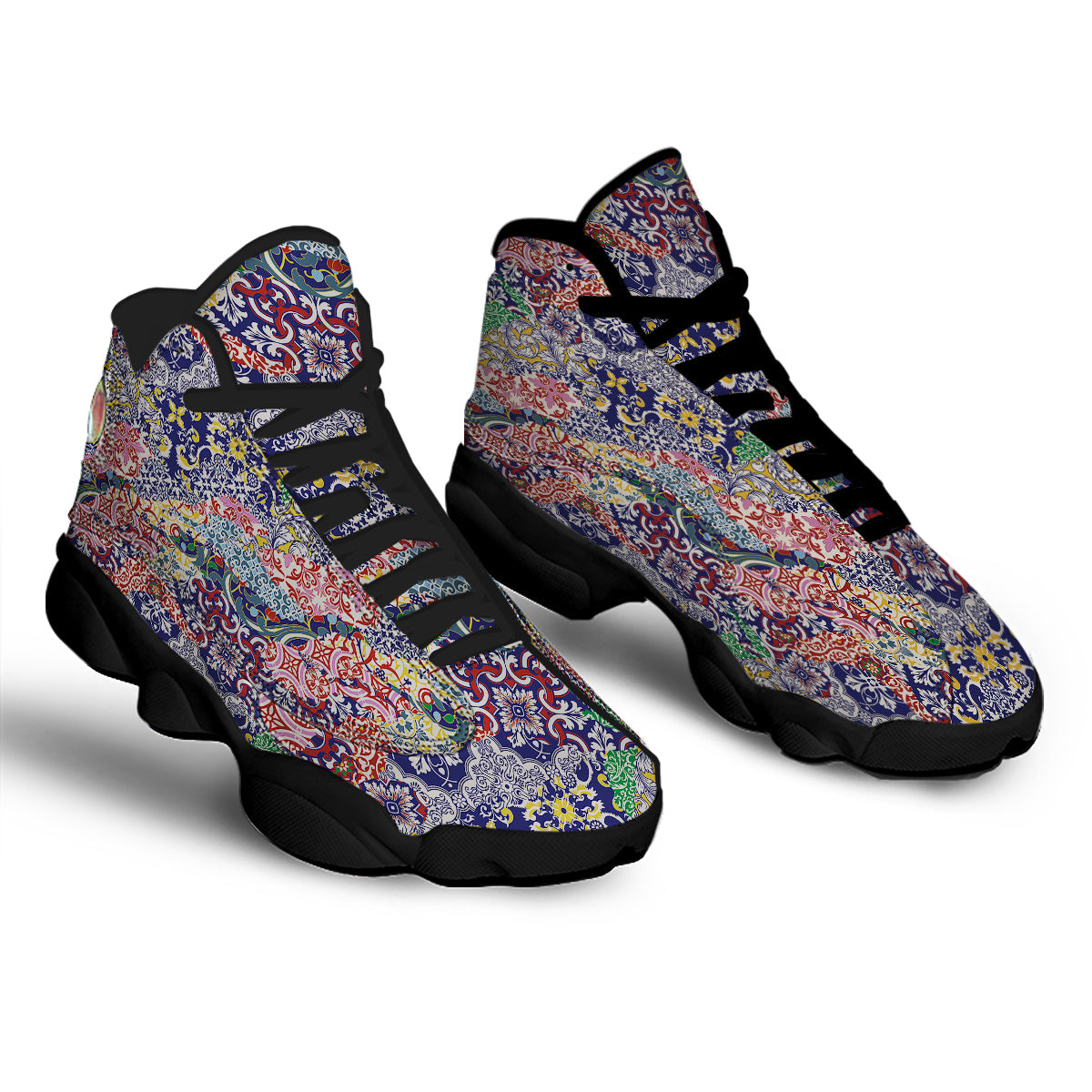 Patchwork Azulejos Tiles Print Pattern Black Basketball Shoes-grizzshop