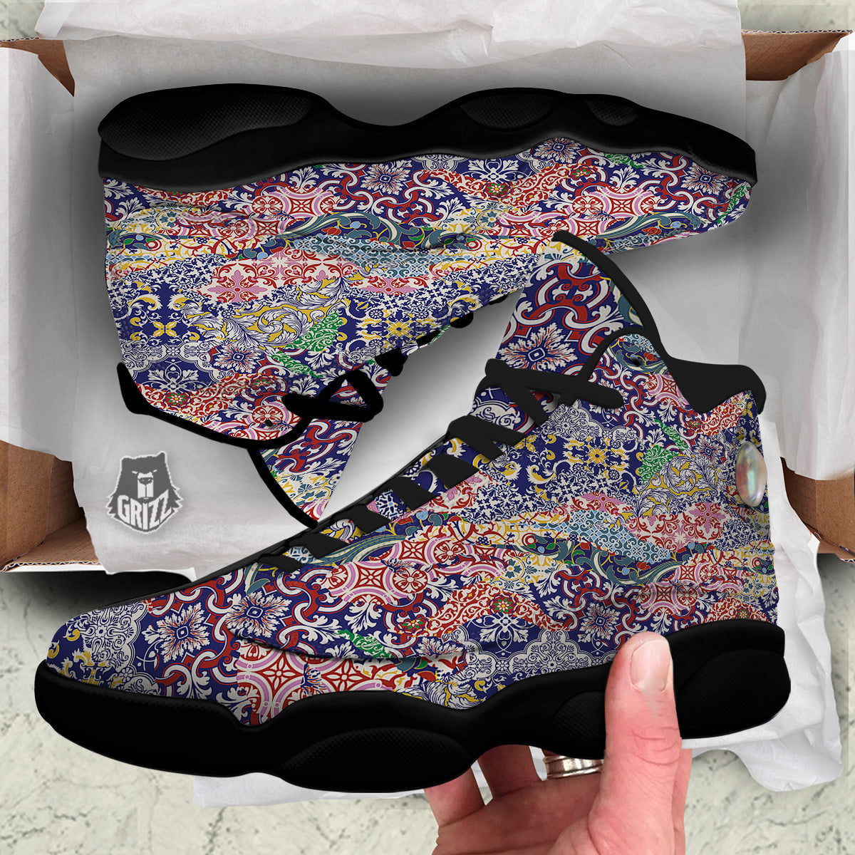 Patchwork Azulejos Tiles Print Pattern Black Basketball Shoes-grizzshop