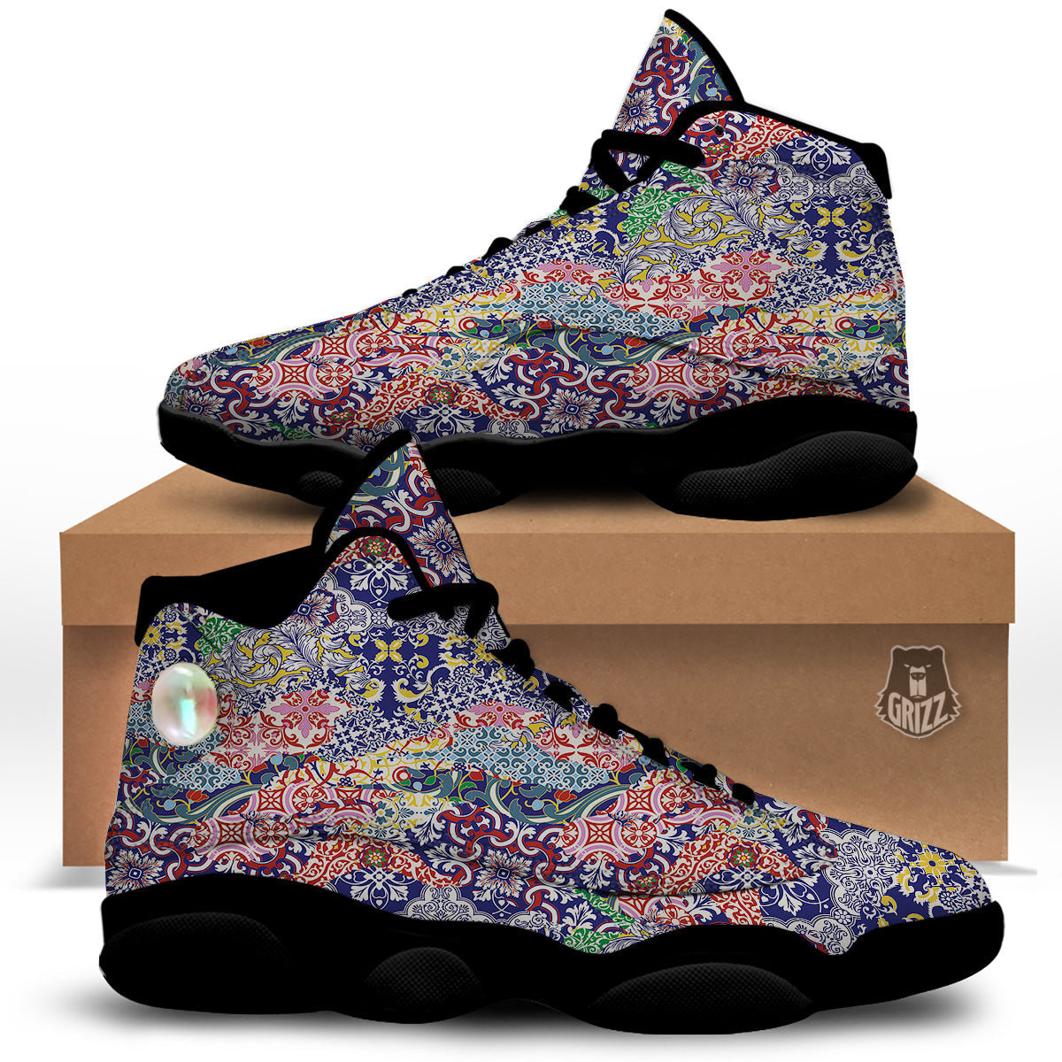 Patchwork Azulejos Tiles Print Pattern Black Basketball Shoes-grizzshop
