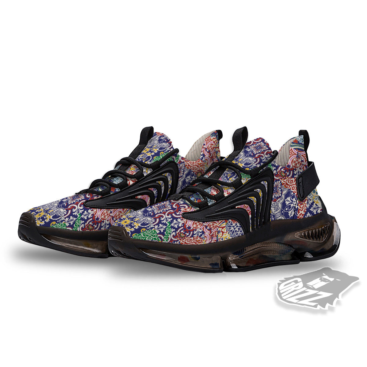 Patchwork Azulejos Tiles Print Pattern Black Gym Shoes-grizzshop