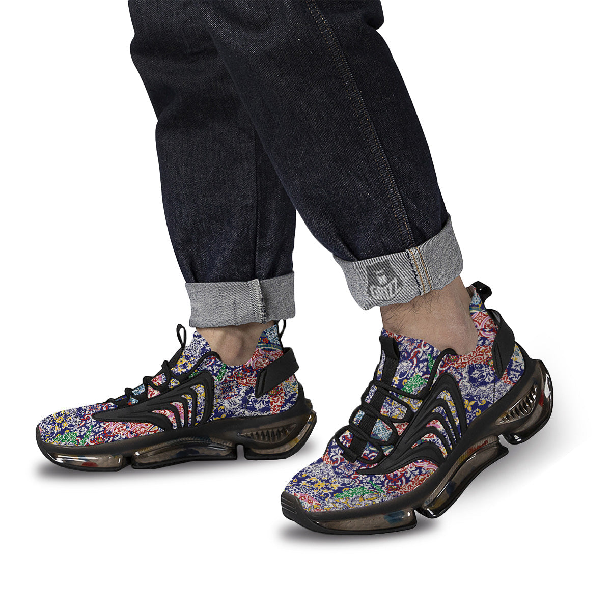 Patchwork Azulejos Tiles Print Pattern Black Gym Shoes-grizzshop
