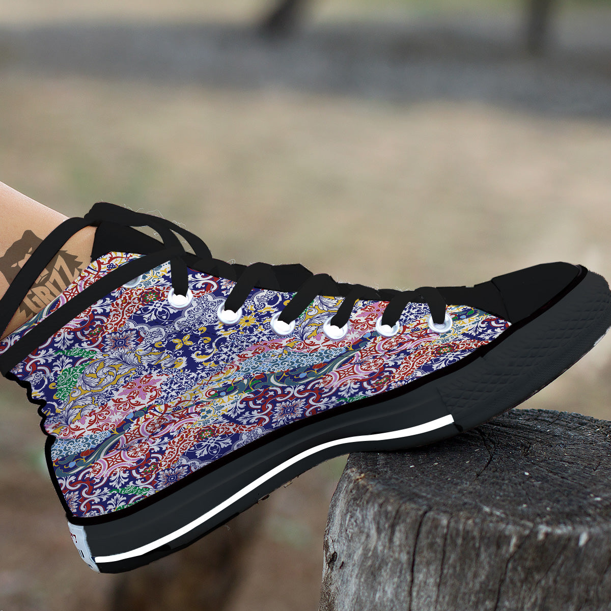 Patchwork Azulejos Tiles Print Pattern Black High Top Shoes-grizzshop