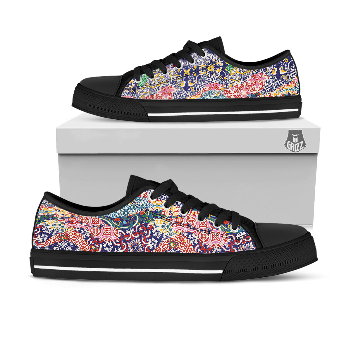 Patchwork Azulejos Tiles Print Pattern Black Low Top Shoes-grizzshop