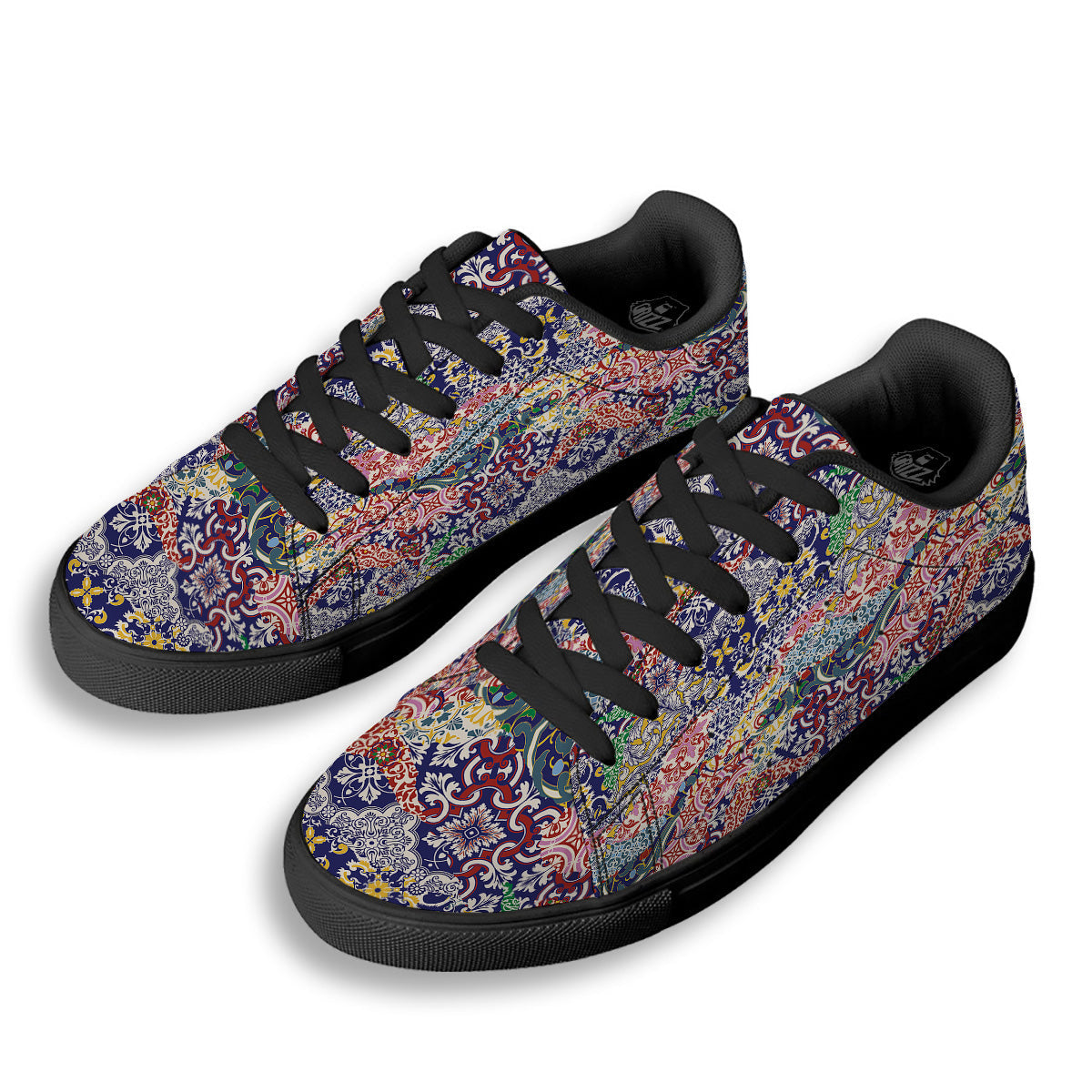 Patchwork Azulejos Tiles Print Pattern Black Low Top Sneakers-grizzshop