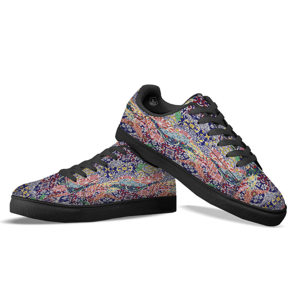 Patchwork Azulejos Tiles Print Pattern Black Low Top Sneakers-grizzshop