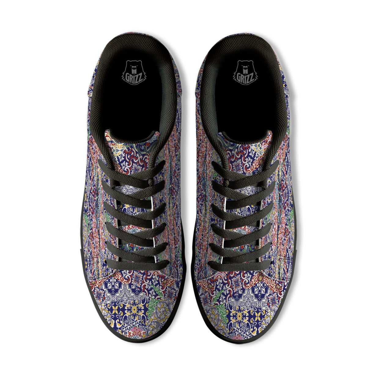Patchwork Azulejos Tiles Print Pattern Black Low Top Sneakers-grizzshop