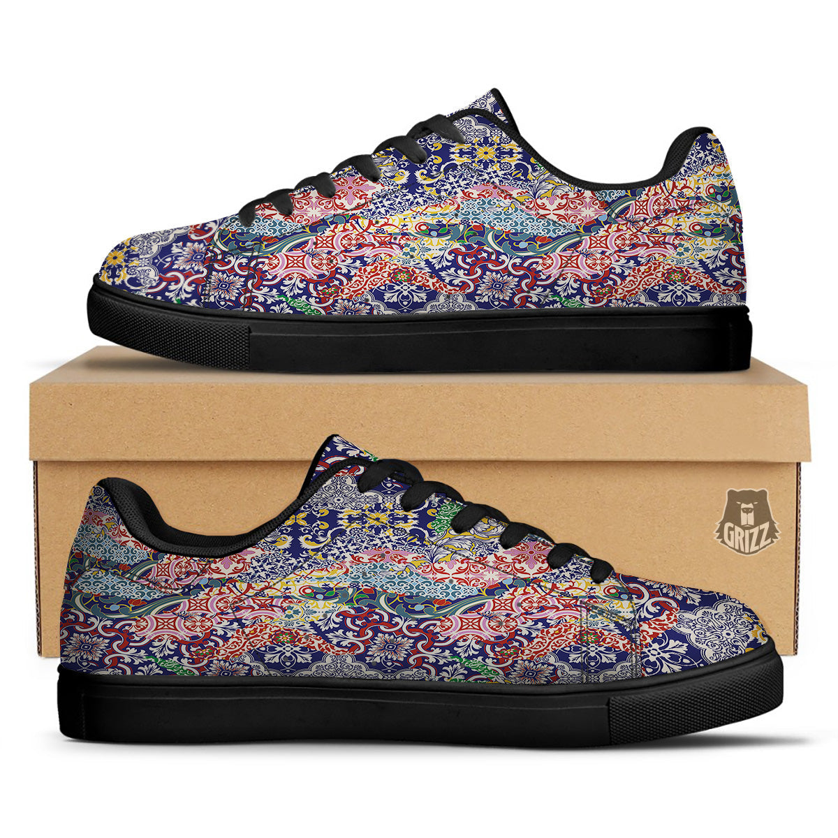 Patchwork Azulejos Tiles Print Pattern Black Low Top Sneakers-grizzshop