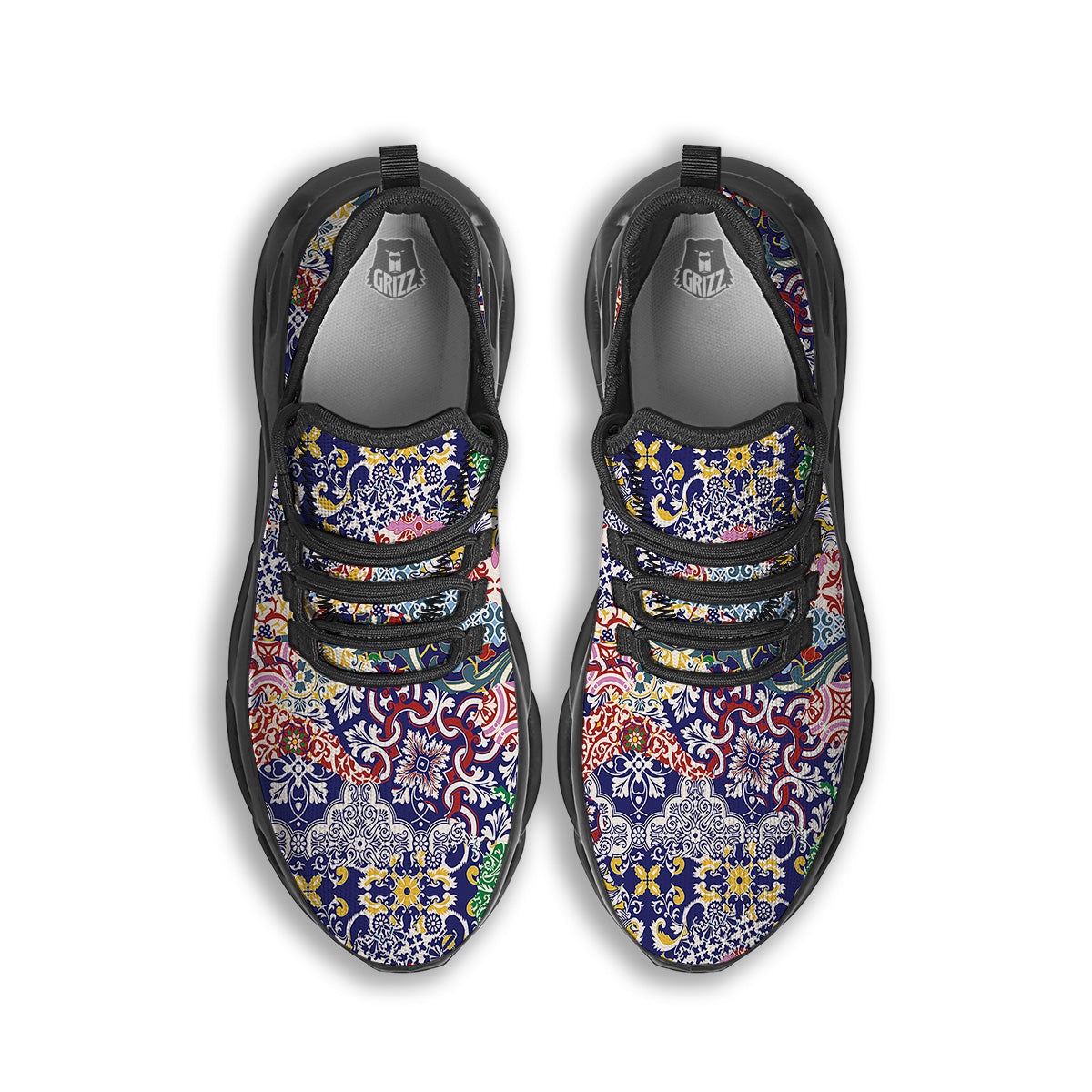 Patchwork Azulejos Tiles Print Pattern Black Running Shoes-grizzshop