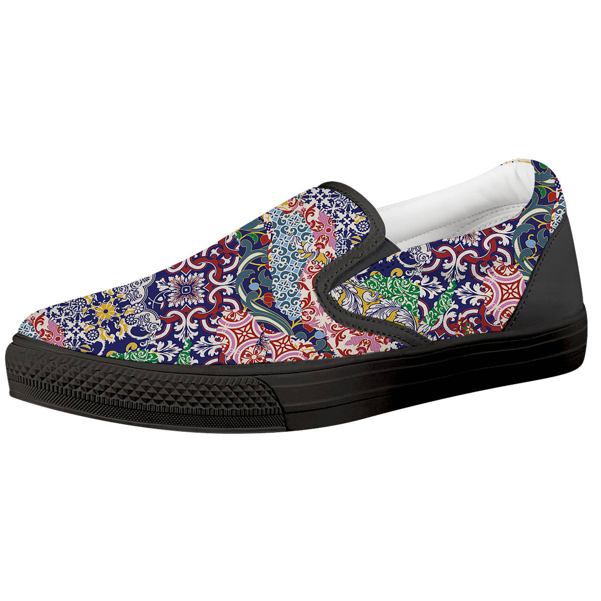 Patchwork Azulejos Tiles Print Pattern Black Slip On Shoes-grizzshop