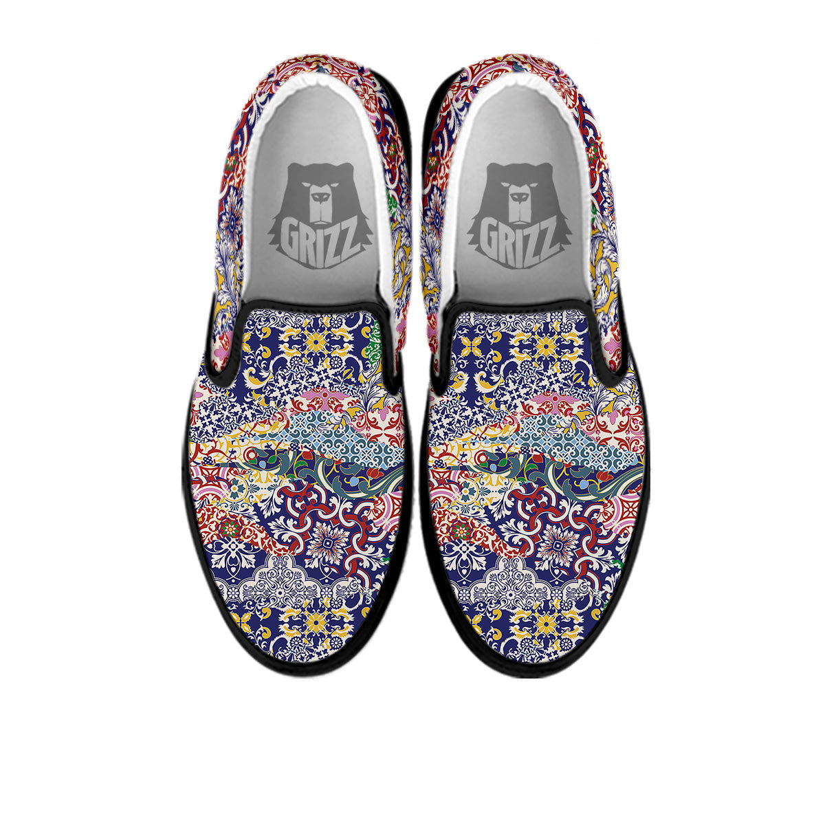Patchwork Azulejos Tiles Print Pattern Black Slip On Shoes-grizzshop