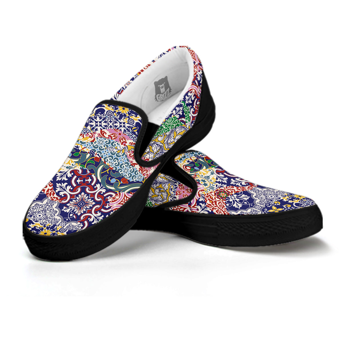 Patchwork Azulejos Tiles Print Pattern Black Slip On Shoes-grizzshop