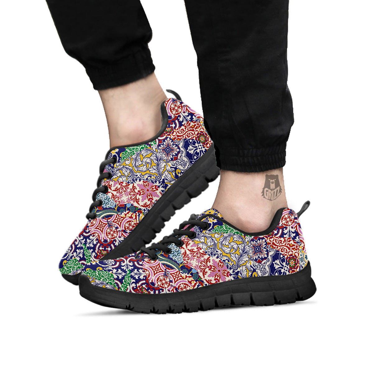 Patchwork Azulejos Tiles Print Pattern Black Sneaker-grizzshop