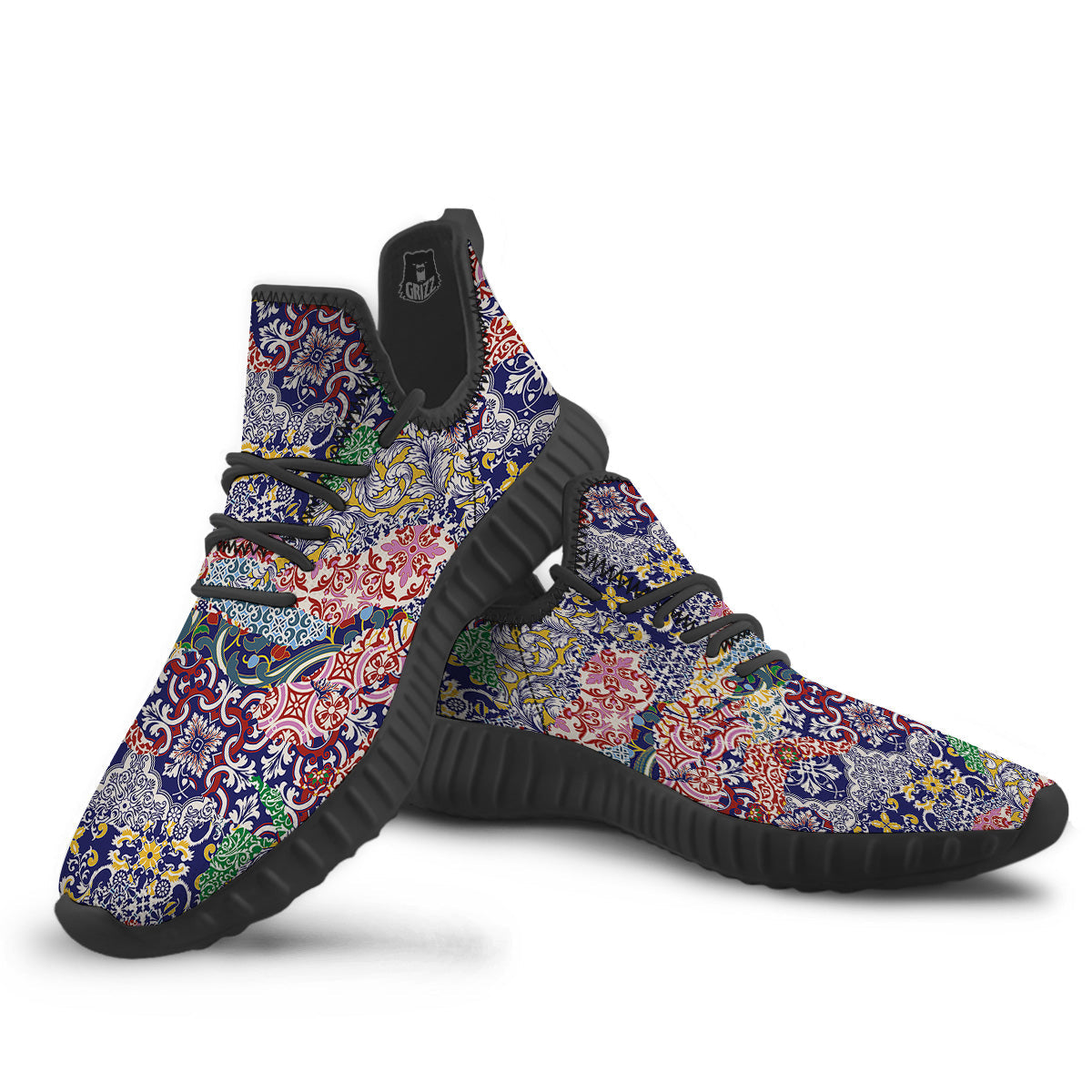 Patchwork Azulejos Tiles Print Pattern Black Walking Shoes-grizzshop
