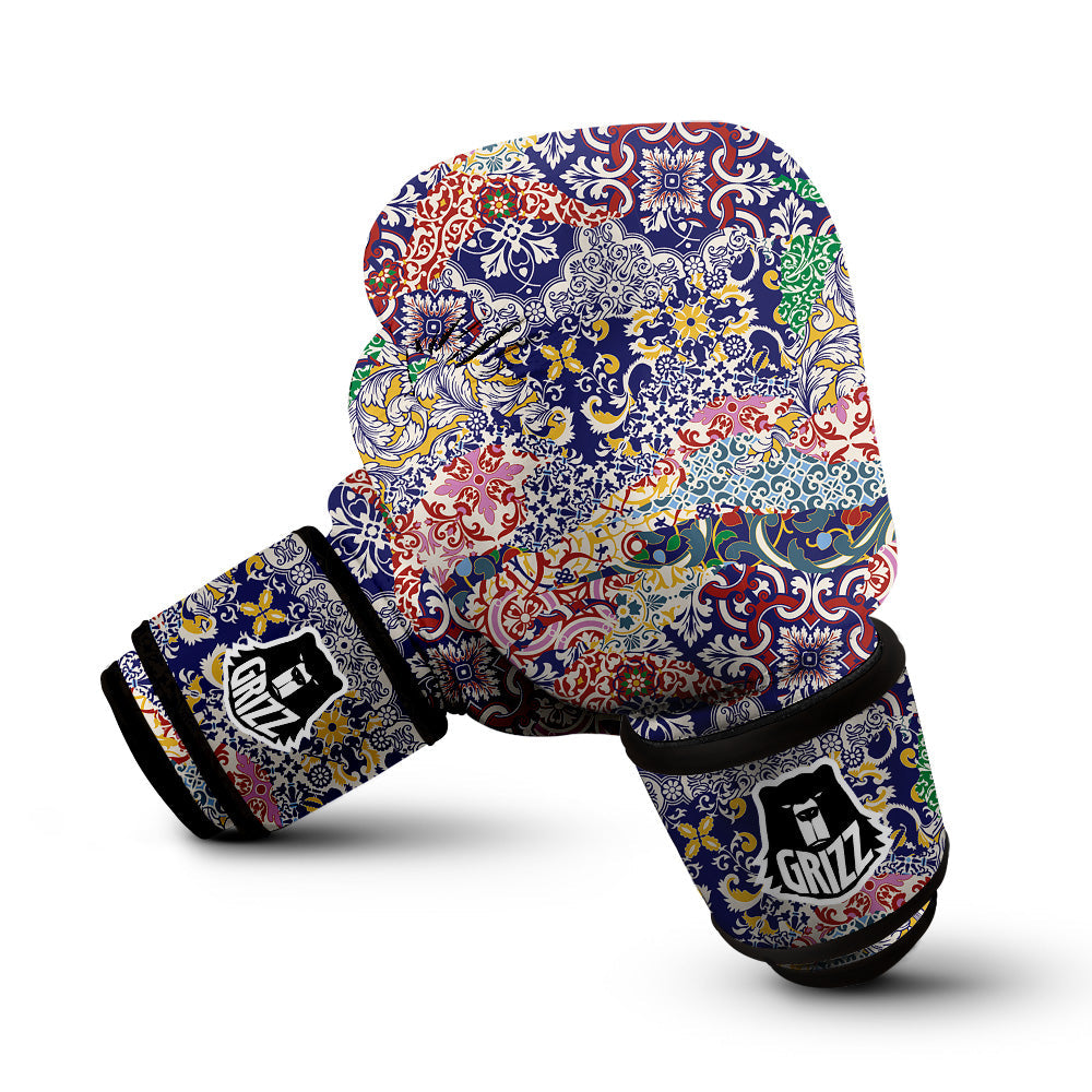 Patchwork Azulejos Tiles Print Pattern Boxing Gloves-grizzshop