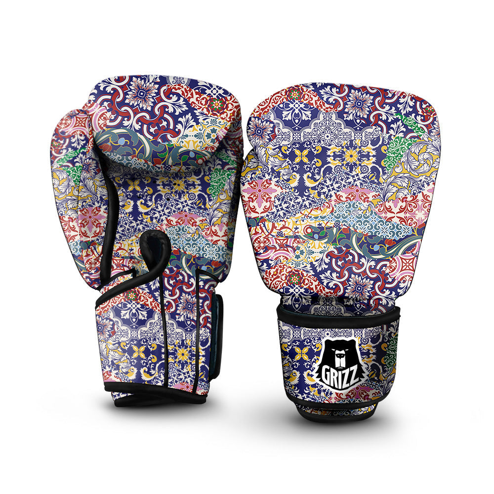 Patchwork Azulejos Tiles Print Pattern Boxing Gloves-grizzshop