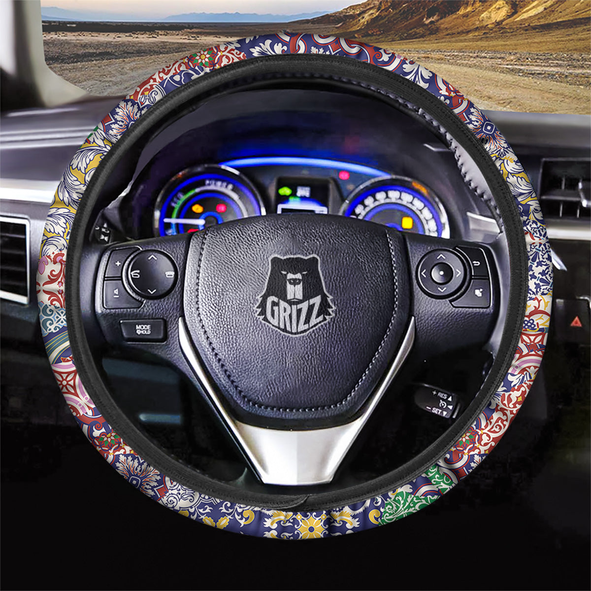 Patchwork Azulejos Tiles Print Pattern Car Steering Wheel Cover-grizzshop