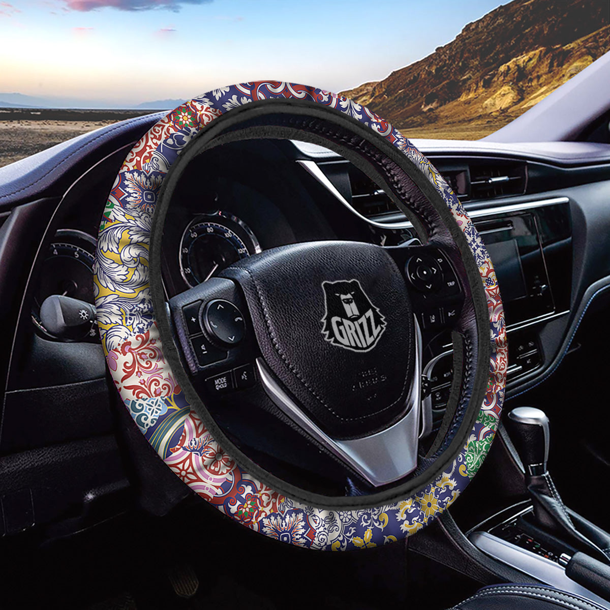 Patchwork Azulejos Tiles Print Pattern Car Steering Wheel Cover-grizzshop