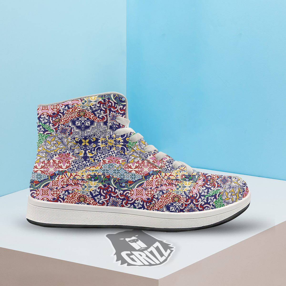 Patchwork Azulejos Tiles Print Pattern High Top Sneakers-grizzshop