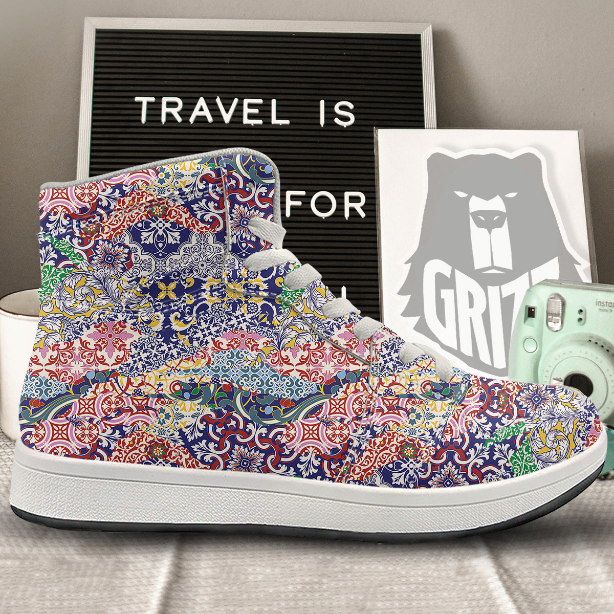 Patchwork Azulejos Tiles Print Pattern High Top Sneakers-grizzshop