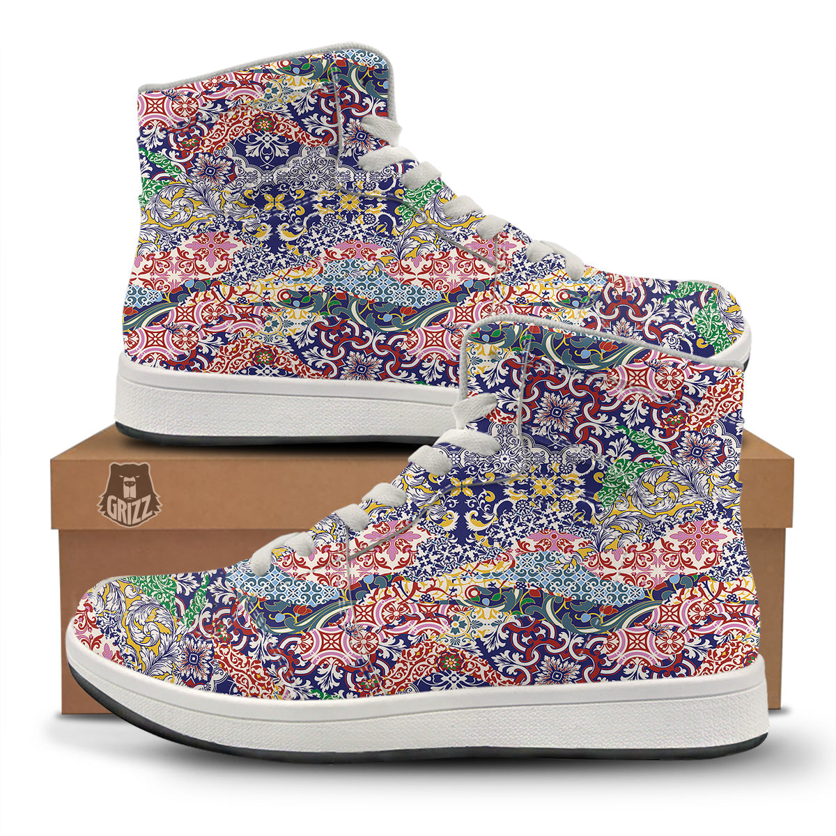 Patchwork Azulejos Tiles Print Pattern High Top Sneakers-grizzshop