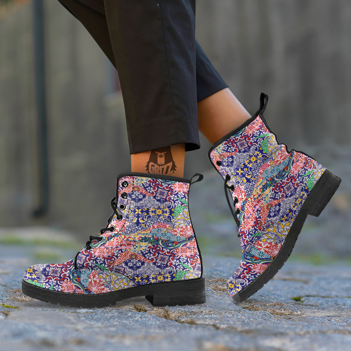 Patchwork Azulejos Tiles Print Pattern Leather Boots-grizzshop