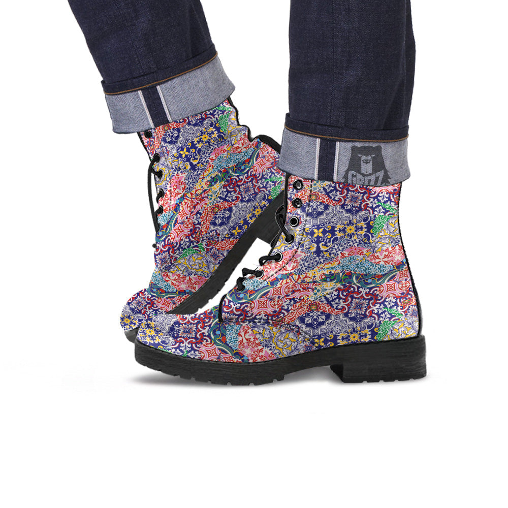 Patchwork Azulejos Tiles Print Pattern Leather Boots-grizzshop