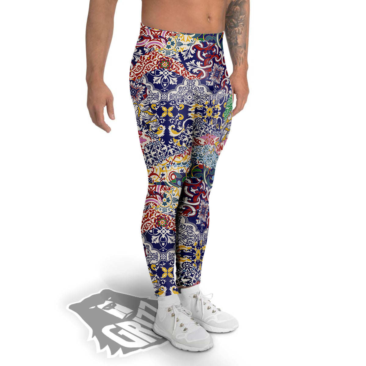 Patchwork Azulejos Tiles Print Pattern Men's Leggings-grizzshop