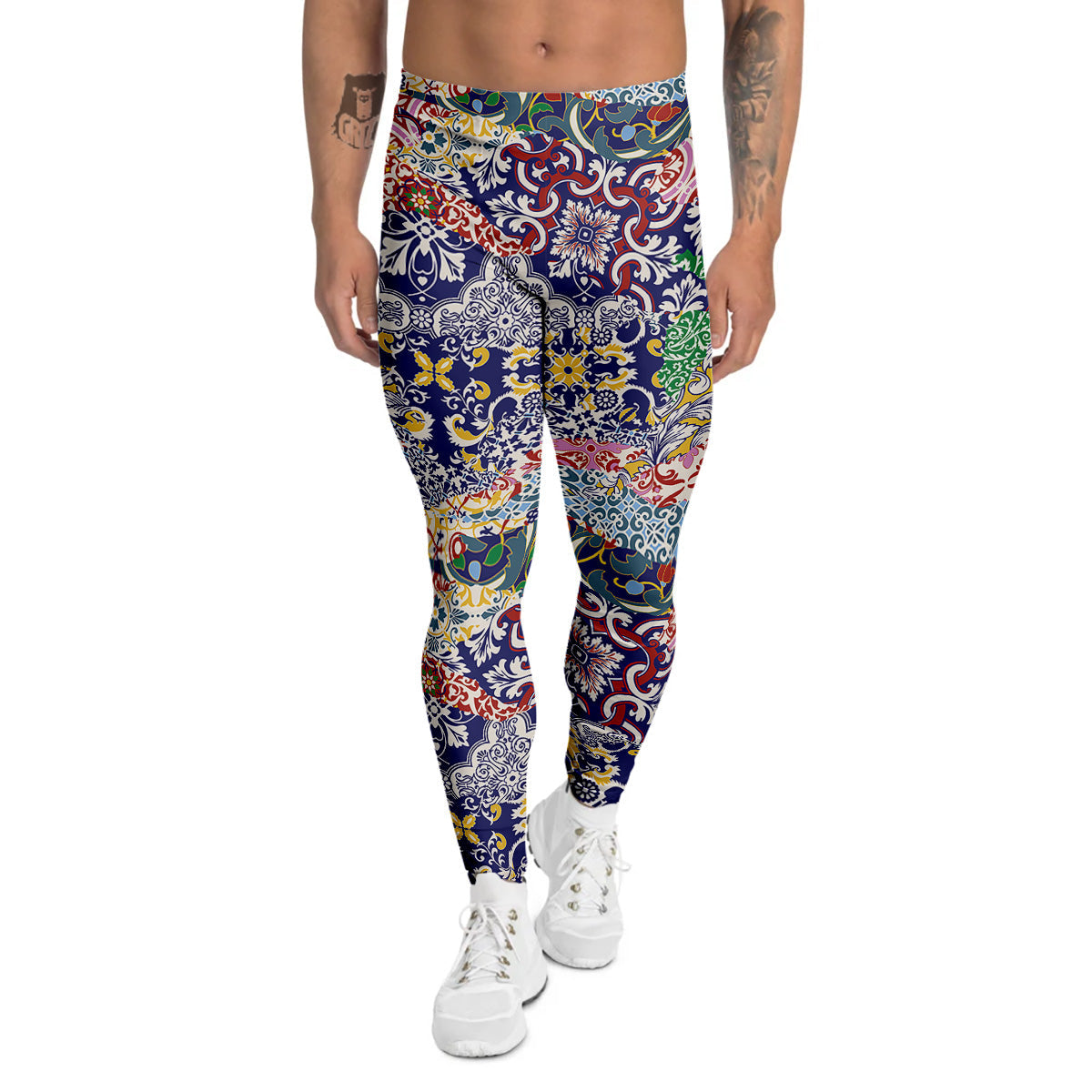 Patchwork Azulejos Tiles Print Pattern Men's Leggings-grizzshop