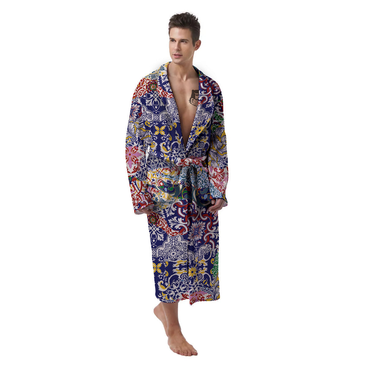 Patchwork Azulejos Tiles Print Pattern Men's Robe-grizzshop