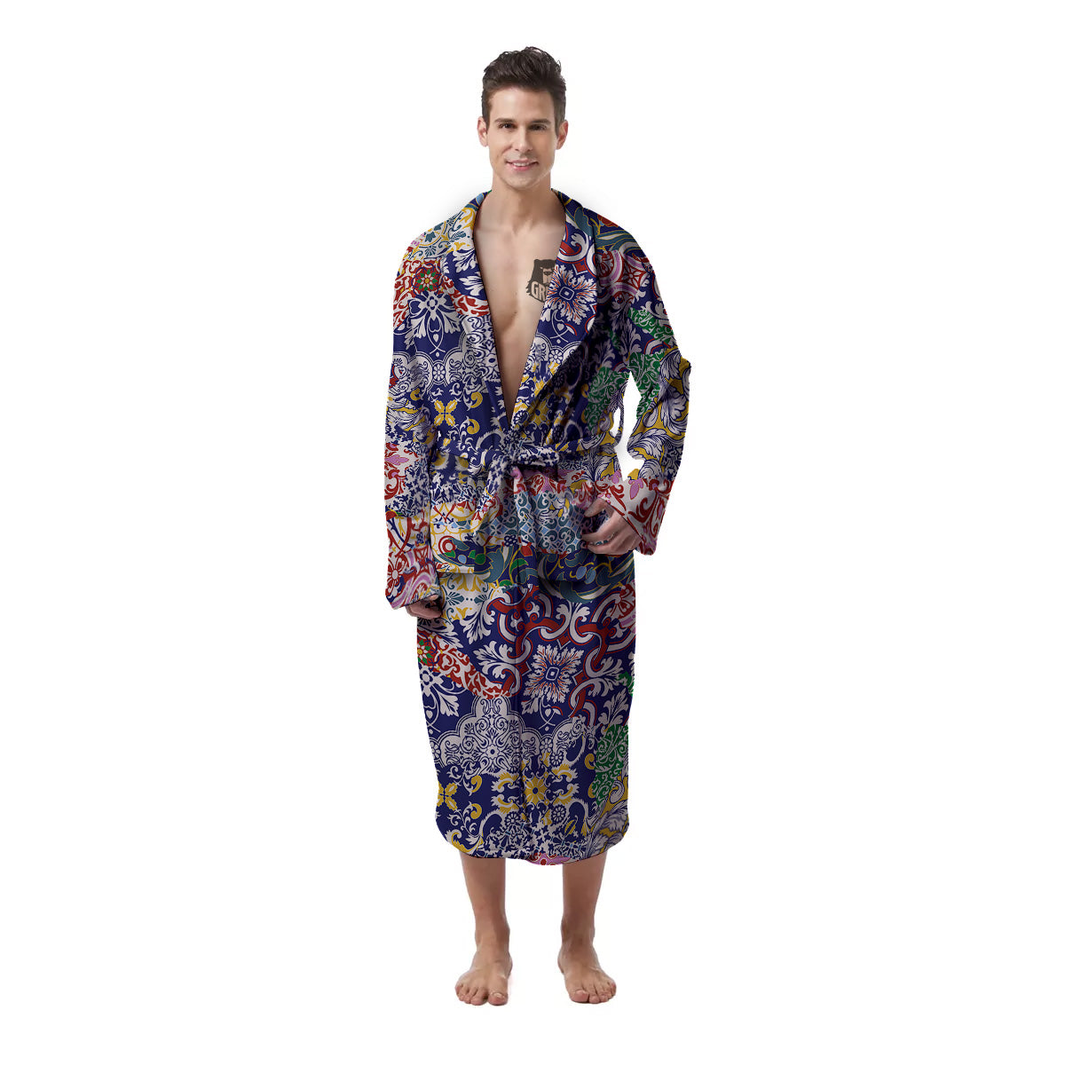 Patchwork Azulejos Tiles Print Pattern Men's Robe-grizzshop