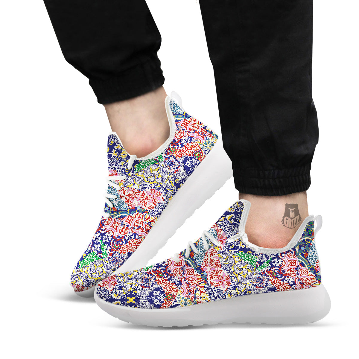 Patchwork Azulejos Tiles Print Pattern White Athletic Shoes-grizzshop