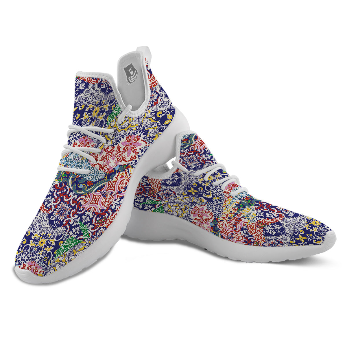 Patchwork Azulejos Tiles Print Pattern White Athletic Shoes-grizzshop