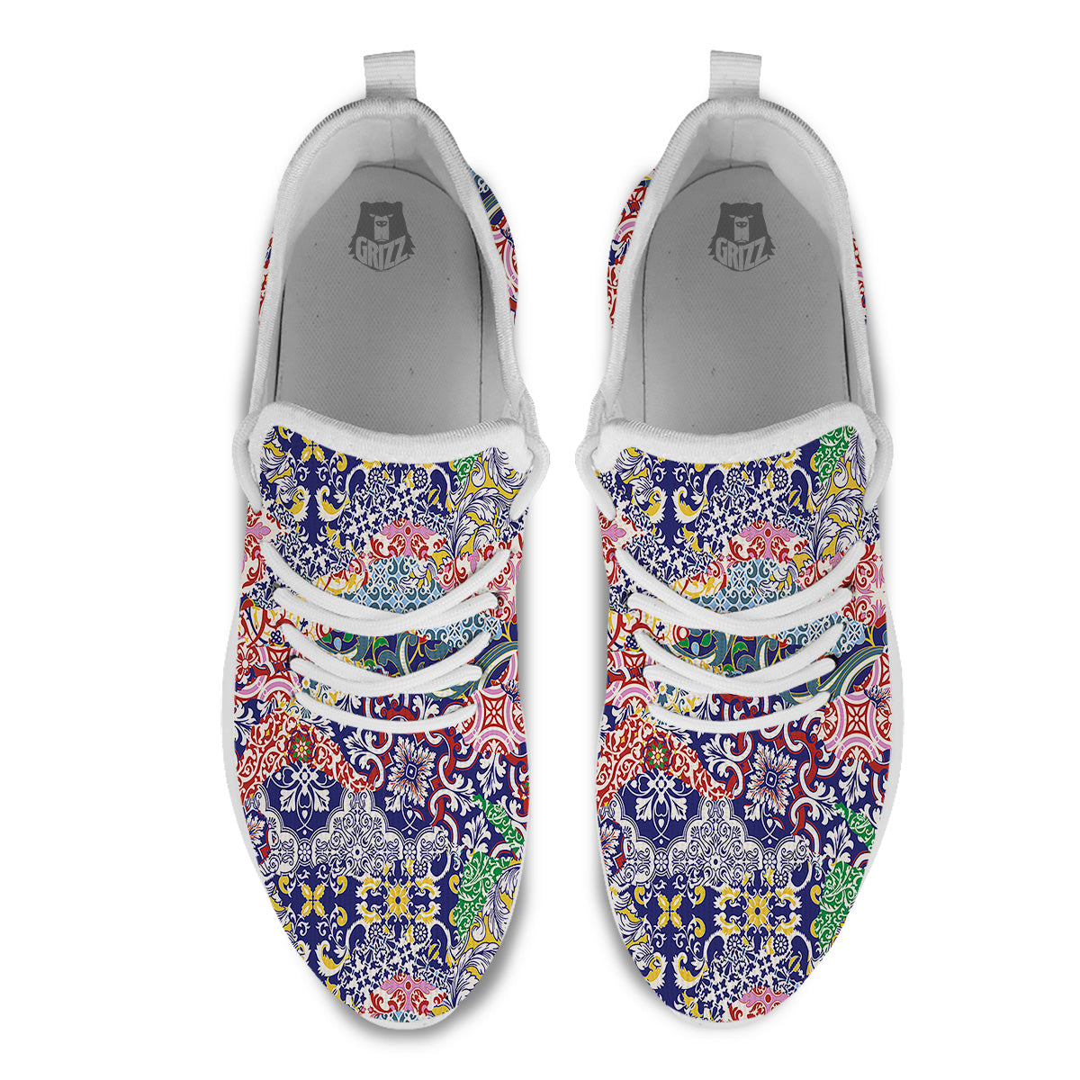 Patchwork Azulejos Tiles Print Pattern White Athletic Shoes-grizzshop