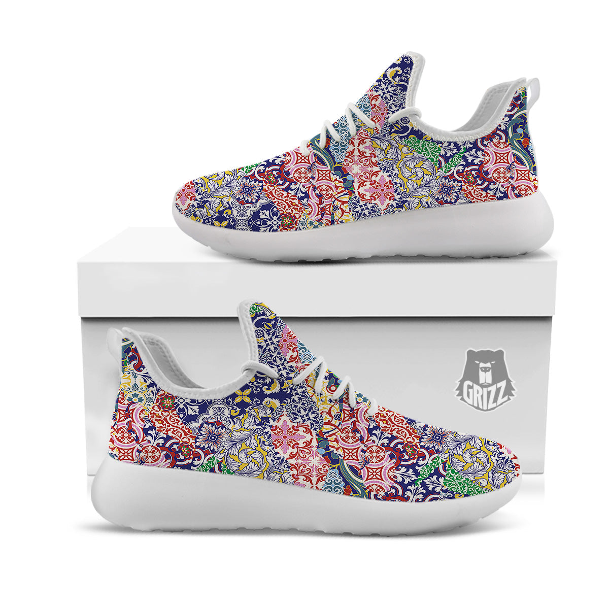 Patchwork Azulejos Tiles Print Pattern White Athletic Shoes-grizzshop
