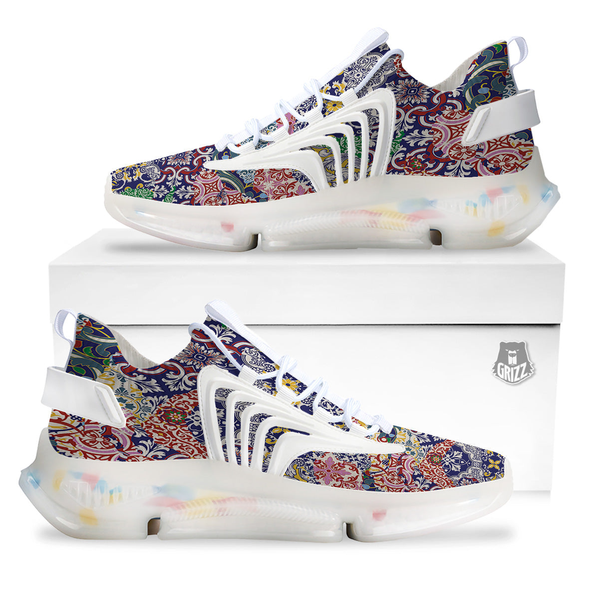 Patchwork Azulejos Tiles Print Pattern White Gym Shoes-grizzshop