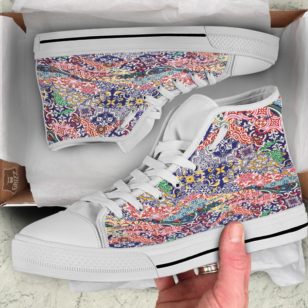 Patchwork Azulejos Tiles Print Pattern White High Top Shoes-grizzshop