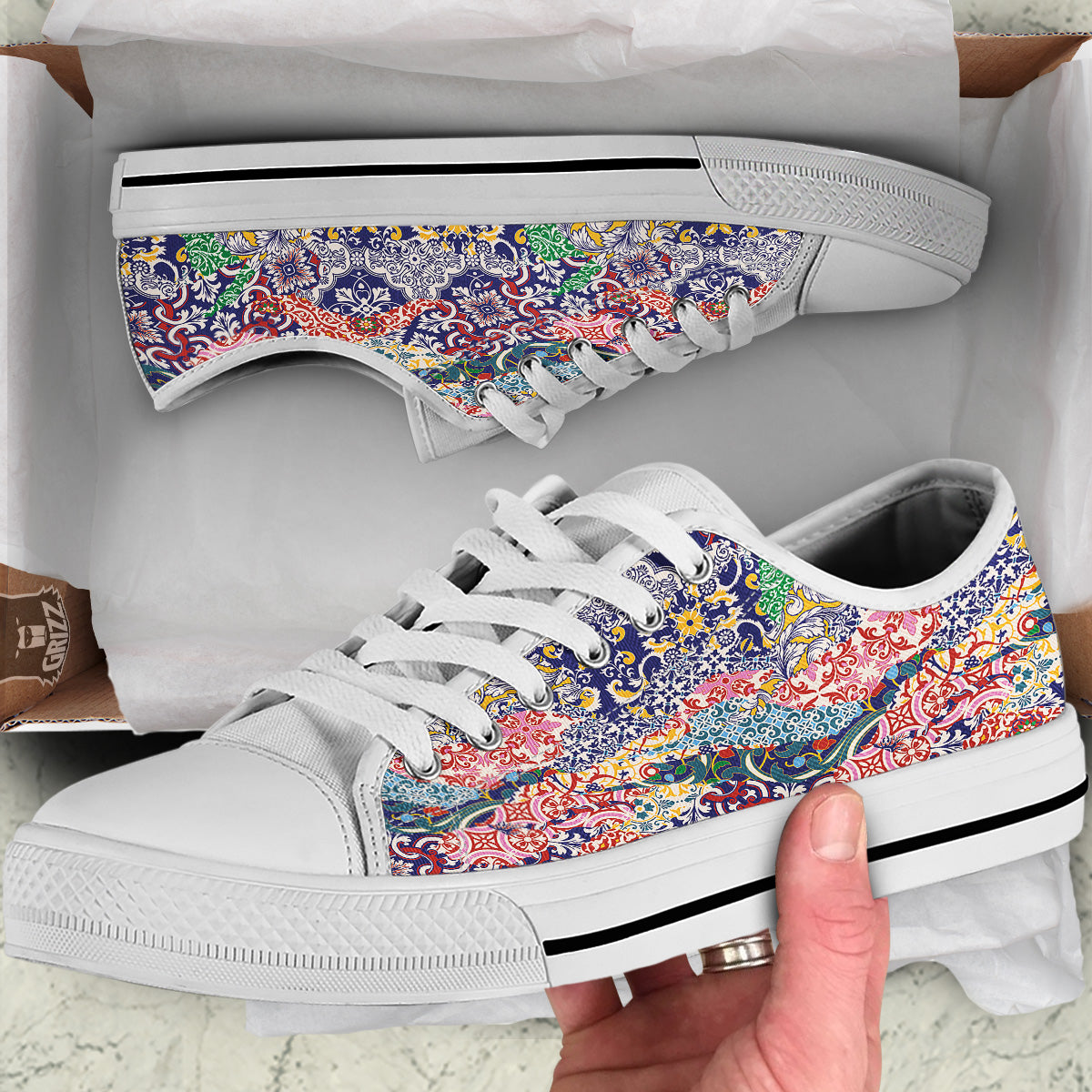 Patchwork Azulejos Tiles Print Pattern White Low Top Shoes-grizzshop