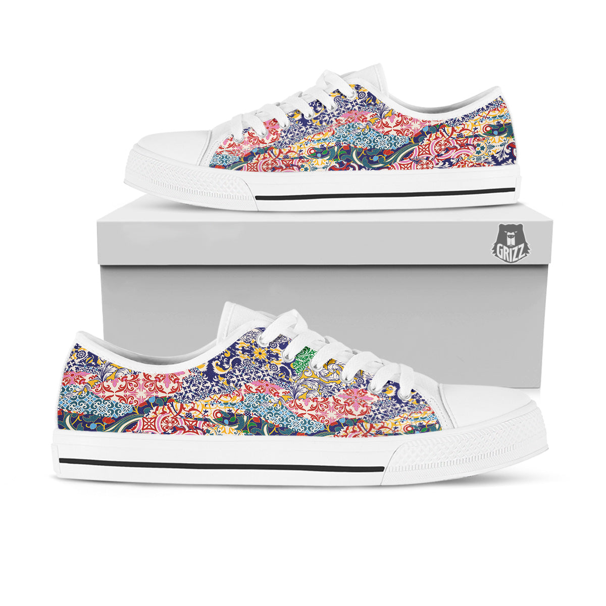 Patchwork Azulejos Tiles Print Pattern White Low Top Shoes-grizzshop