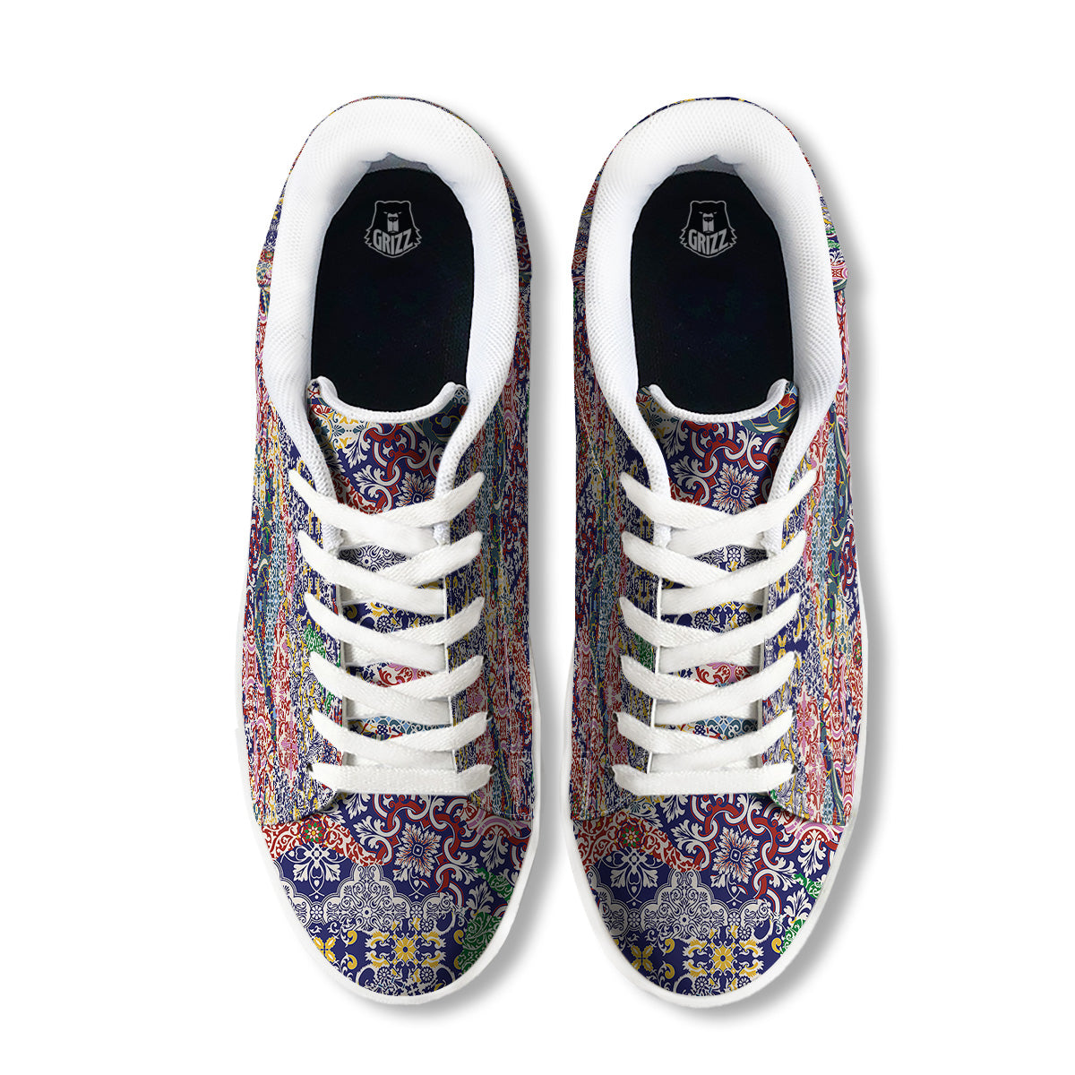 Patchwork Azulejos Tiles Print Pattern White Low Top Sneakers-grizzshop