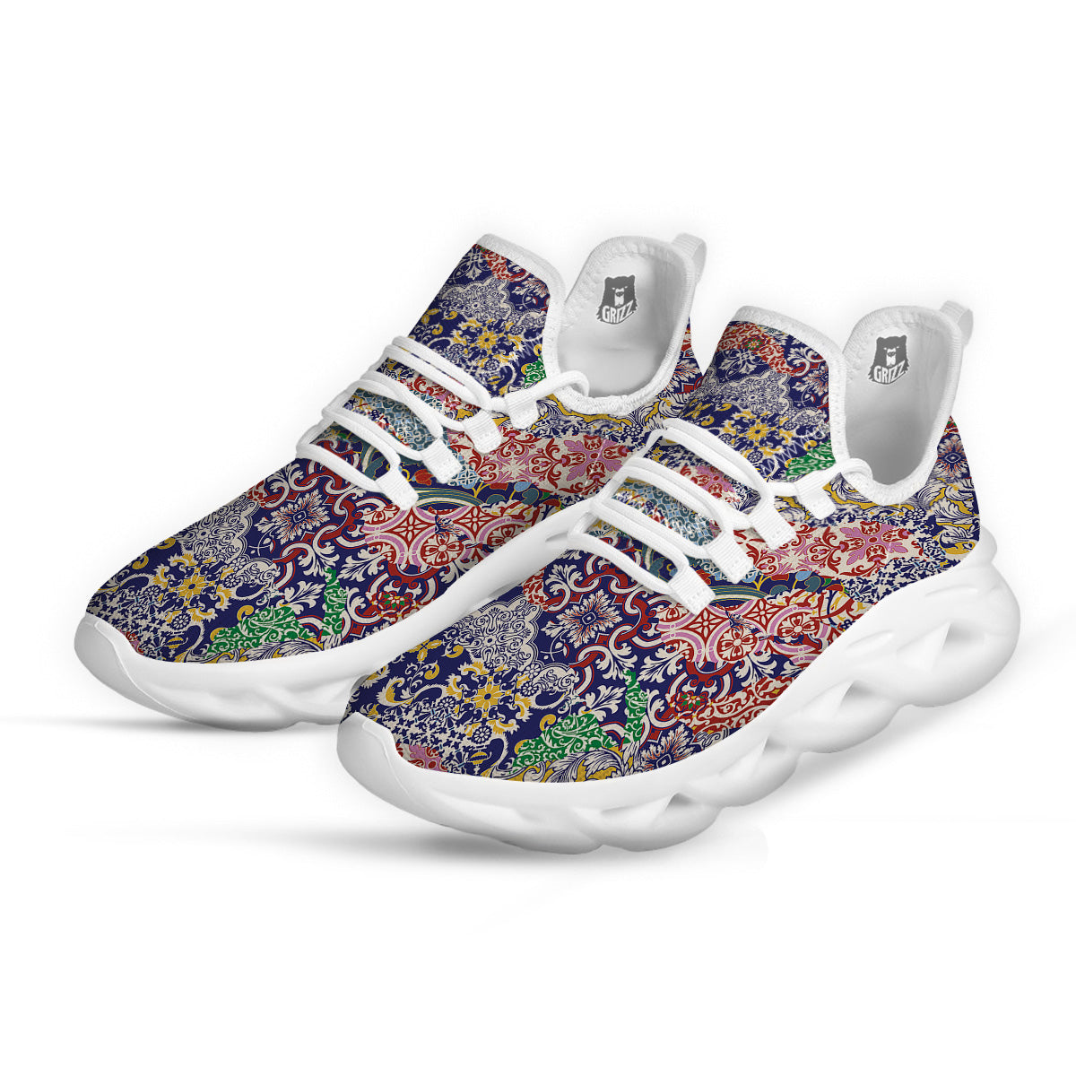 Patchwork Azulejos Tiles Print Pattern White Running Shoes-grizzshop