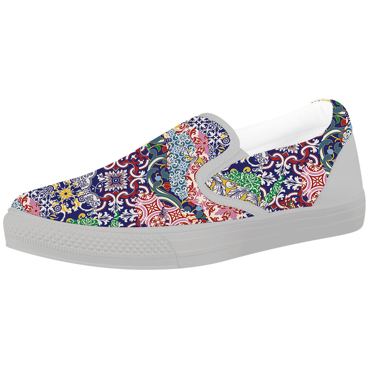 Patchwork Azulejos Tiles Print Pattern White Slip On Shoes-grizzshop