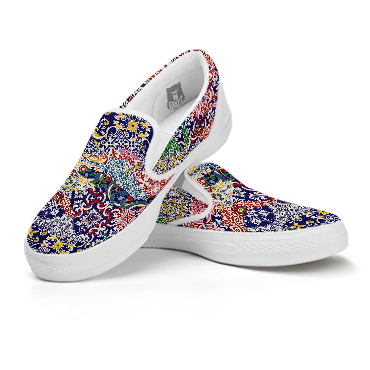 Patchwork Azulejos Tiles Print Pattern White Slip On Shoes-grizzshop