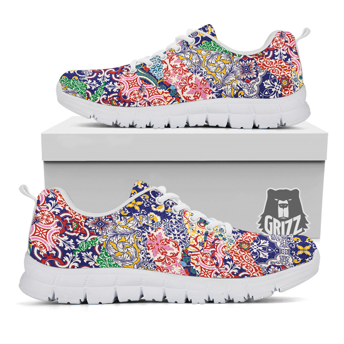Patchwork Azulejos Tiles Print Pattern White Sneaker-grizzshop