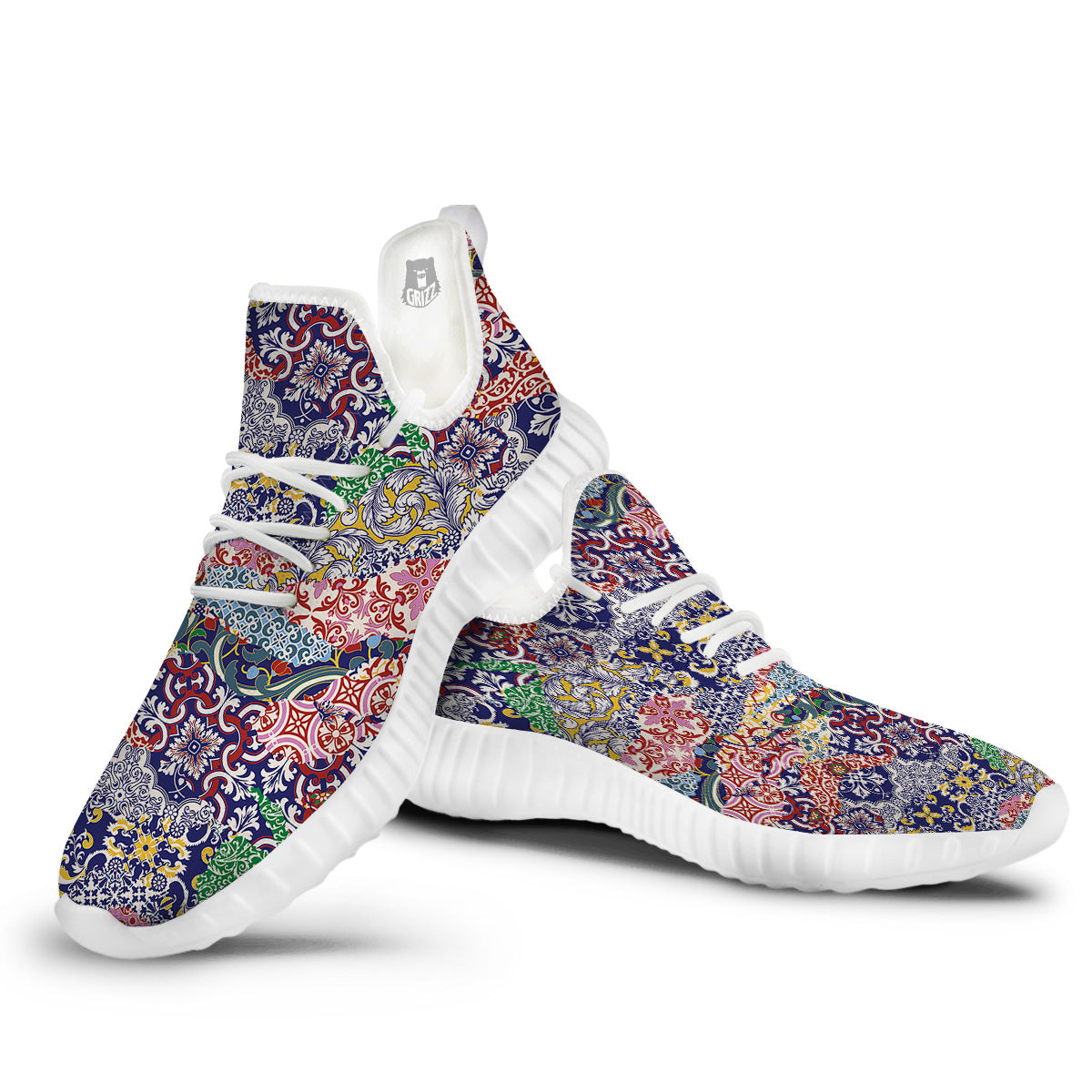 Patchwork Azulejos Tiles Print Pattern White Walking Shoes-grizzshop