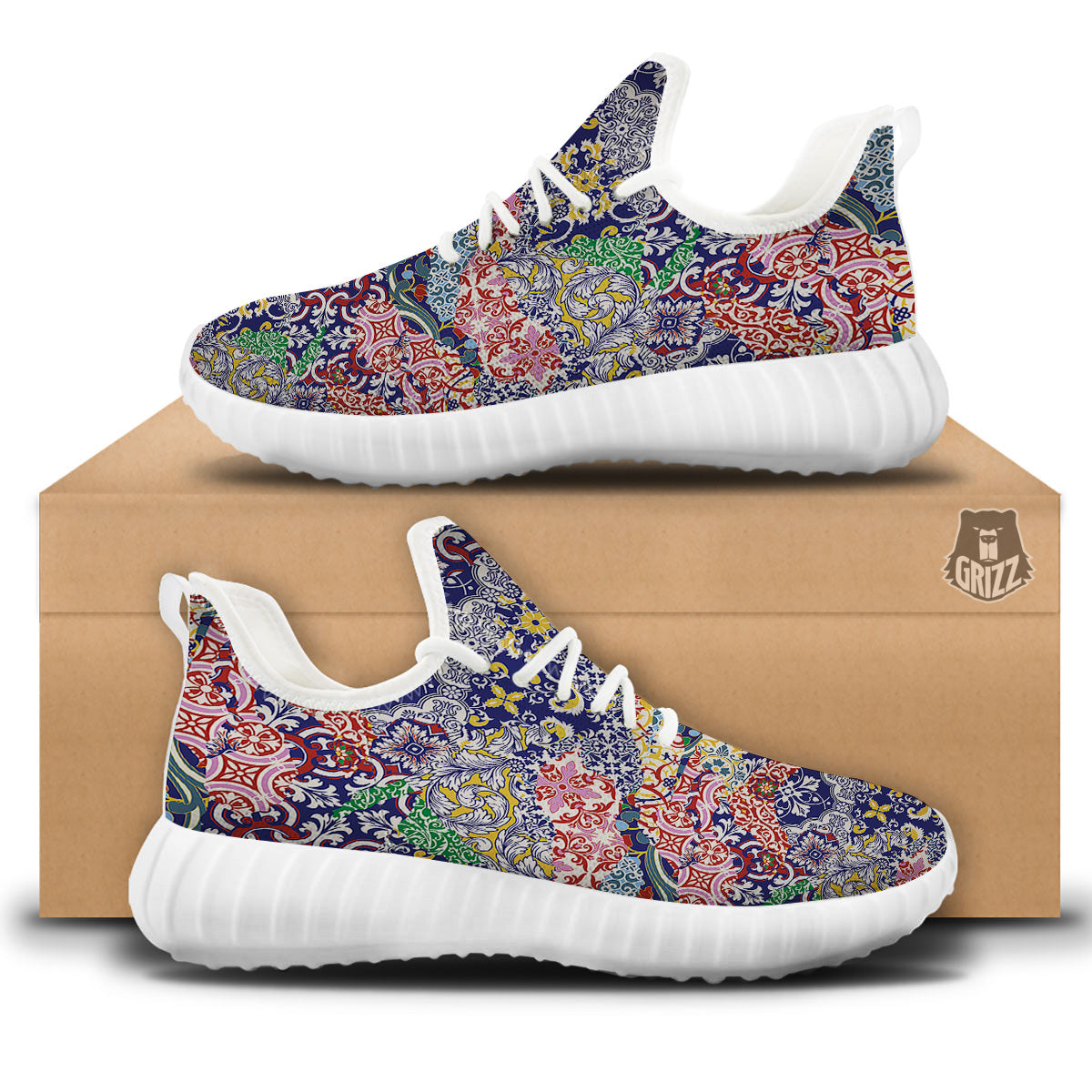Patchwork Azulejos Tiles Print Pattern White Walking Shoes-grizzshop