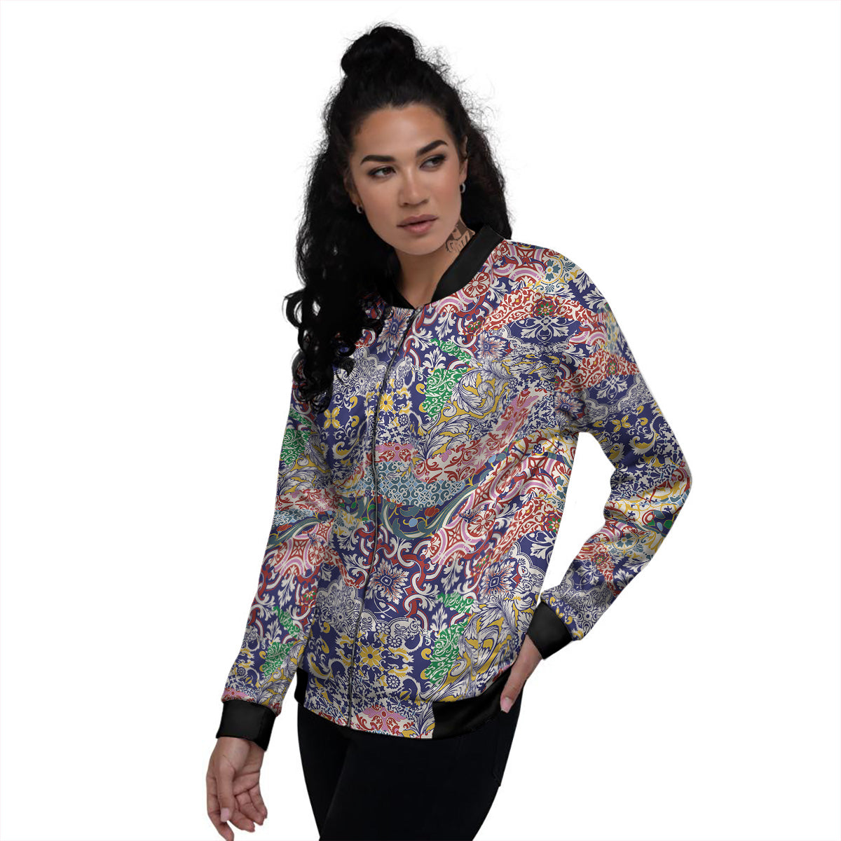 Patchwork Azulejos Tiles Print Pattern Women's Bomber Jacket-grizzshop
