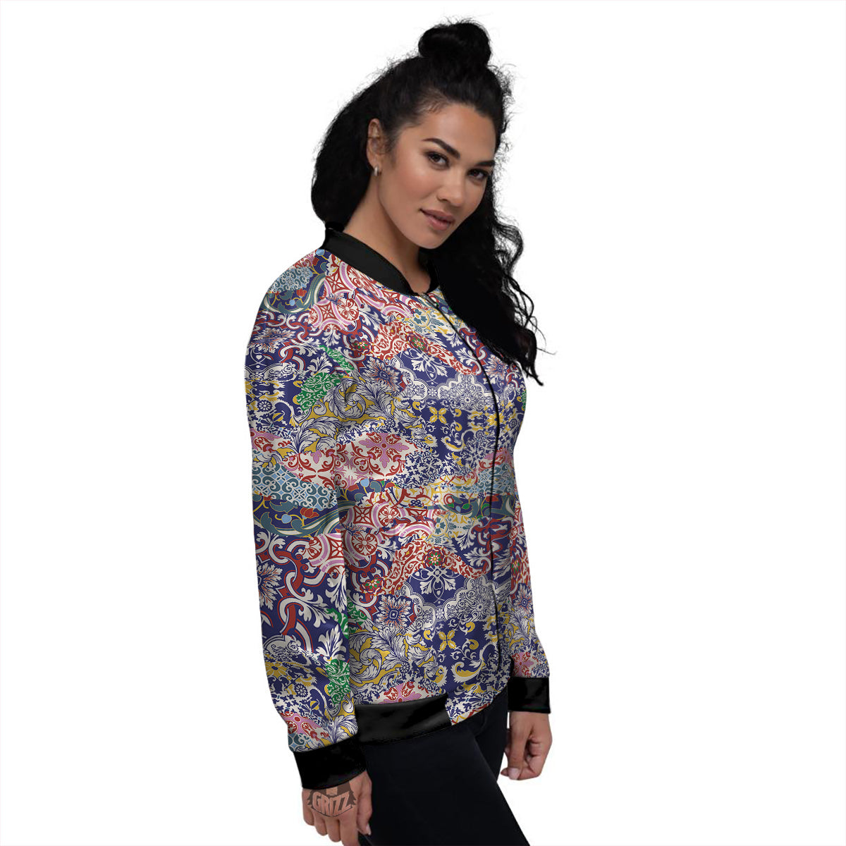 Patchwork Azulejos Tiles Print Pattern Women's Bomber Jacket-grizzshop