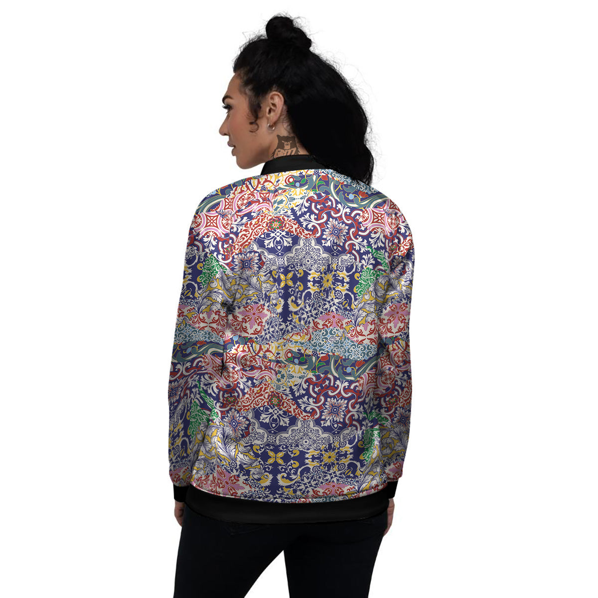 Patchwork Azulejos Tiles Print Pattern Women's Bomber Jacket-grizzshop
