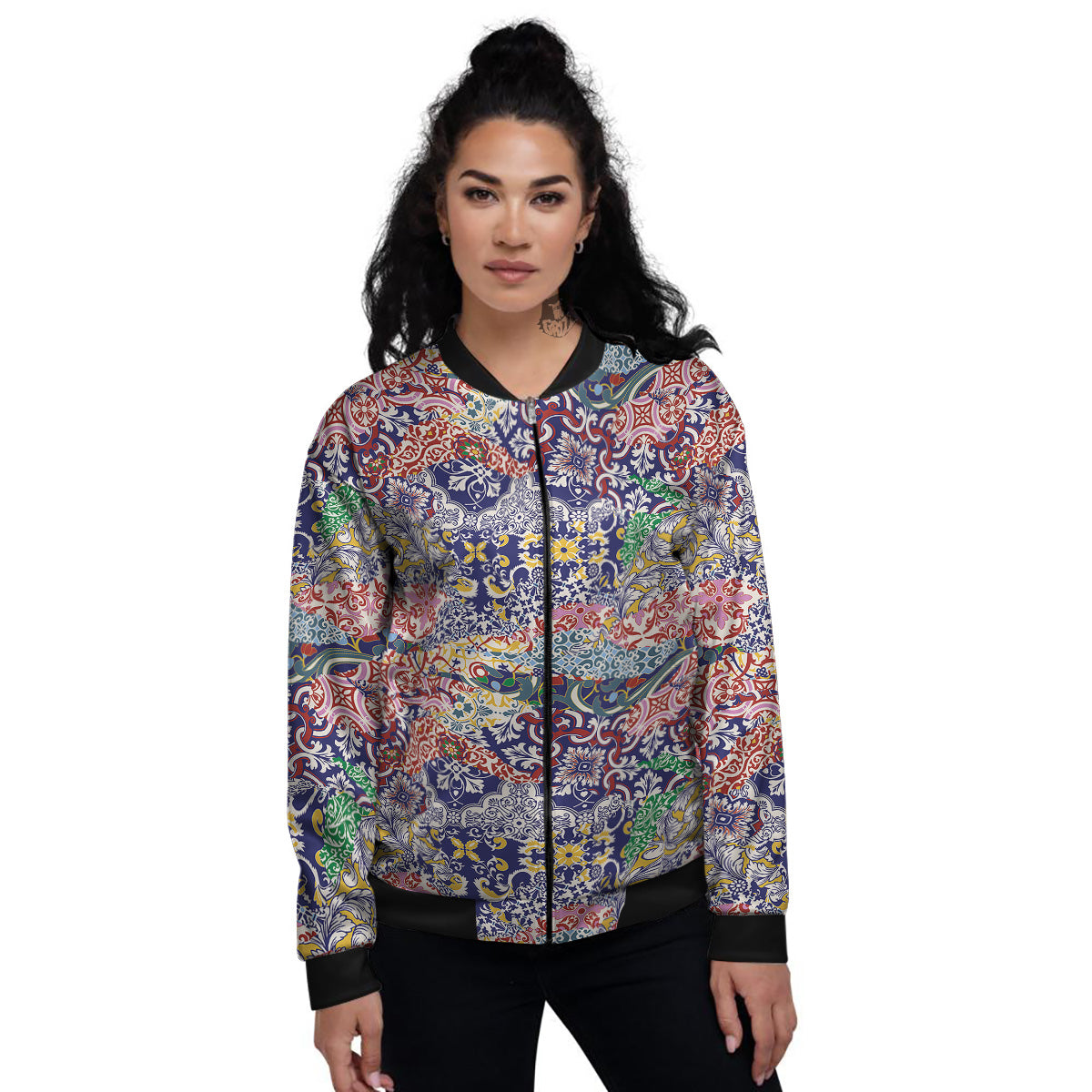Patchwork Azulejos Tiles Print Pattern Women's Bomber Jacket-grizzshop